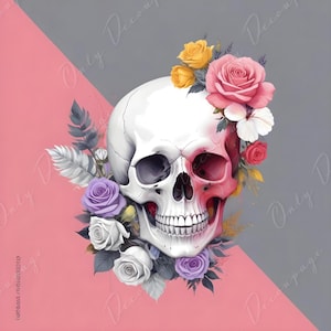 Papel para decoupage - 6 opciones de tamaño - Colección Halloween - Calavera floral rosa y gris