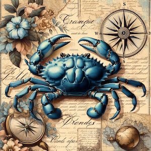 Large Decoupage Paper for Furniture - Blue Crap - Rice Paper - Decoupage Paper - Coastal Life - Compass - Floral