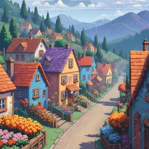 Papel para decoupage - Tamaño 6 - Pueblo europeo con flores vibrantes - Papel de arroz - Pixel Art