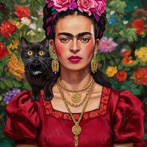 Serie Frida - Papel para decoupage de muebles - 7 tamaños - Gato negro - Floral