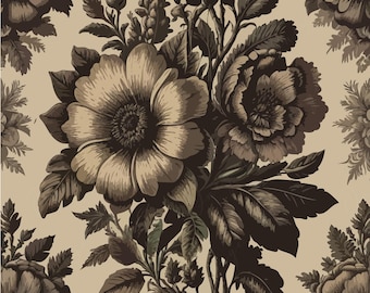 May include: A vintage floral pattern with brown flowers and leaves on a beige background. The pattern is intricate and detailed, with a variety of flower shapes and sizes.