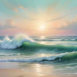 Pastel Beach - Carta da decoupage grande - 6 opzioni di formato - Tramonto - Onde verdi