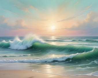 Pastel Beach - Papel de decoupage grande - 6 tamaños - Atardecer - Olas verdes