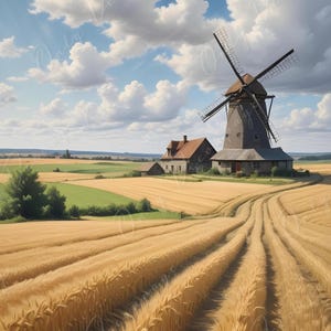 Papel para decoupage - Tamaño 6 - Molino de viento con campo de trigo dorado - Papel de arroz - Vida en la granja