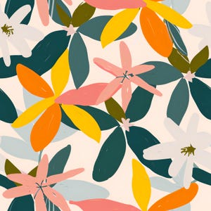 Papel floral para decoupage - Patrón repetitivo - 6 tamaños - Blanco, naranja y verde