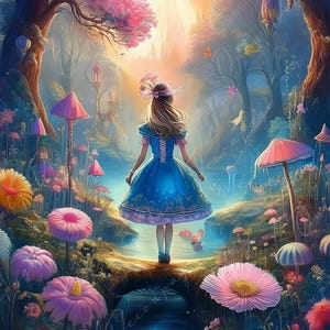 Carta per decoupage - 6 opzioni di formato - Alice delle fiabe - Carta di riso grande - Fiori pastello - Fiume