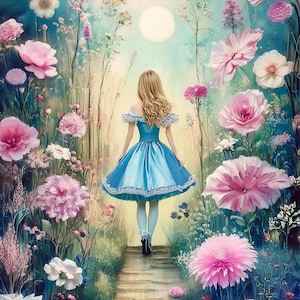 Märchen Alice - Großes Decoupage Papier - 6 Größen Optionen - Rosa Blumen - Blaues Kleid
