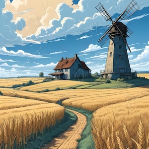 Papel de decoupage grande - Tamaño 6 - Molino de viento con campo de trigo dorado - Papel de arroz - Cielo azul