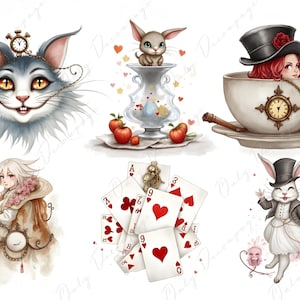 Collage de Alicia en el país de las maravillas - Papel para decoupage - 6 tamaños - Hora del té - Conejo - Gato