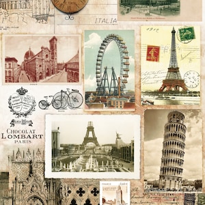 May include: A vintage collage of postcards featuring iconic landmarks from around the world, including the Eiffel Tower, the Leaning Tower of Pisa, the Colosseum, and Big Ben. The postcards are arranged in a grid pattern and have a faded, antique look.