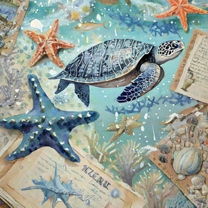 Marine Life - Groot decoupagepapier voor meubels - Rijstpapier - Knippapier - Zeeschildpad - Star