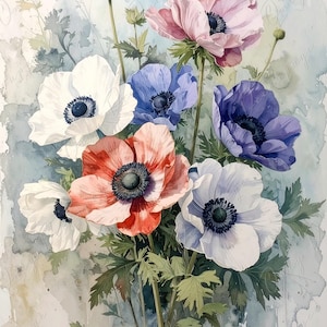 Anémona de acuarela - Papel de decoupage para muebles - 7 tamaños - Arte botánico