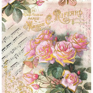 May include: A vintage floral design featuring pink roses with gold accents, a butterfly, and musical notes. The text "32 Rue de Peletier PARIS Maison C. Riffard Succursales" is visible in the image.