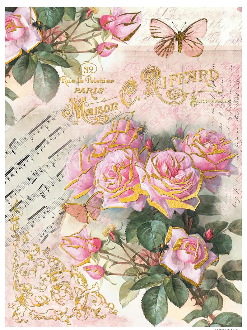 May include: A vintage floral design featuring pink roses with gold accents, a butterfly, and musical notes. The text "32 Rue de Peletier PARIS Maison C. Riffard Succursales" is visible in the image.