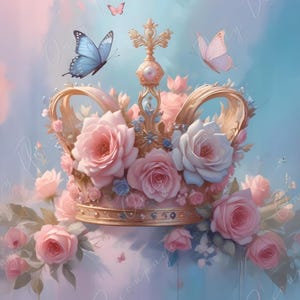 Papel de decoupage grande de cuento de hadas - 6 tamaños disponibles - Papel de arroz floral rosa - Corona - Mariposa azul