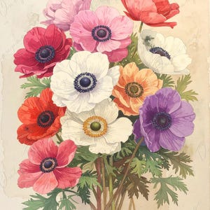 Anémona - Papel de decoupage para muebles - 7 tamaños - Arte botánico - Acuarela