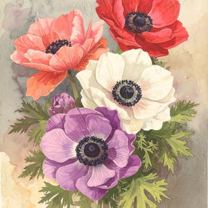Anémona - Papel de decoupage para muebles - 7 tamaños - Arte botánico - Acuarela