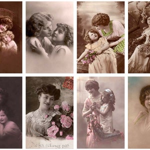 May include: A collection of vintage postcards featuring mothers and daughters. The postcards are in sepia tones and feature women with their children. Some of the postcards have flowers or other decorative elements.