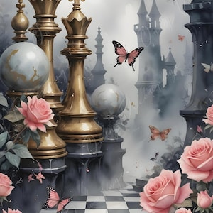 Papel de decoupage grande de cuento de hadas - 6 tamaños - Mariposa con rosas rosadas - Castillo negro