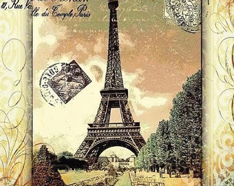 Puede incluir: Una postal vintage con una ilustración en blanco y negro de la Torre Eiffel en París, Francia. La postal tiene un aspecto descolorido y envejecido e incluye el texto "Hotel de Rohan, 8, Rue Ville du Temple, Paris".