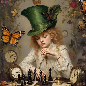 Alicia con sombrero verde - Papel para decoupage - 6 tamaños - Ajedrez - Reloj vintage - Mariposa