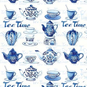 Tea Time Kitchen - Decorative Decoupage Paper - for Furniture - Large Size Options [ Blue White ]
