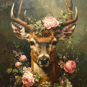 Puede incluir: Pintura detallada de un ciervo con grandes cuernos, adornado con una corona de rosas rosas y vegetación. El pelaje marrón del ciervo contrasta con el rosa suave de las flores, sobre un fondo verde borroso. Una obra de arte con temática natural.
