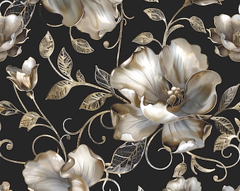 Decoupage Paper - Repeating Pattern - Floral Decorative Paper - 6 Size Options - Black & Gold
