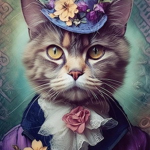 Grand papier de découpage pour meubles - chat avec chapeau bleu - papier de riz - papier de découpage - portrait floral - yeux jaunes