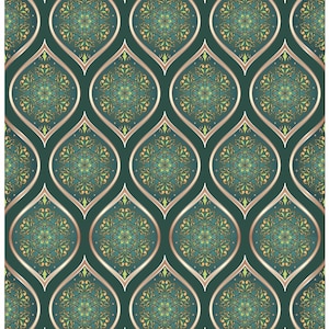 May include: A seamless pattern with a repeating design of intricate gold and green mandalas within a teardrop shape. The background is a deep teal color.