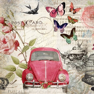 Large Decoupage for Furniture - Rice Paper - Vintage Decoupage - Floral Decoupage Paper - Flowers Birds Red Car Butterfly