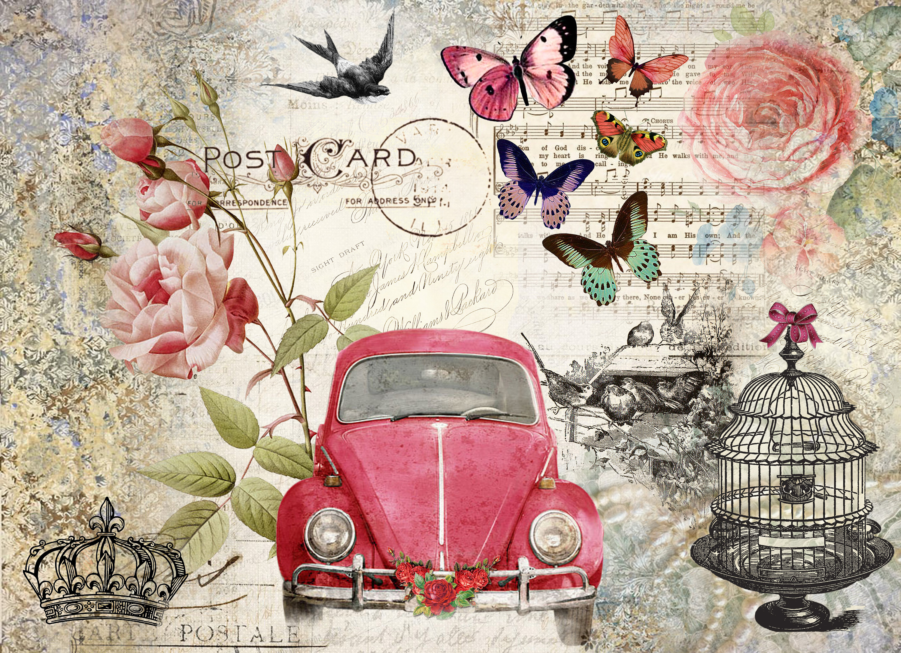 Große Serviettentechnik für Möbel - Reispapier - Vintage Decoupage - Blumen Decoupage Papier - Blumen Vögel Rot Auto Schmetterling