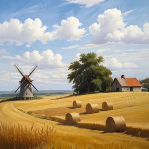 Papel para decoupage - Tamaño 6 - Molino de viento con campo de trigo dorado - Papel de arroz - Agricultura