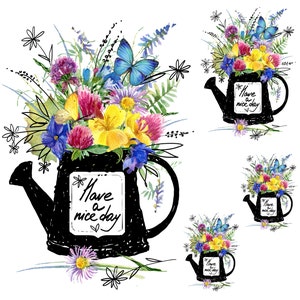 Puede incluir: Una ilustración de acuarela de una regadera negra llena de flores coloridas y una mariposa azul. La regadera tiene el texto "Have a nice day" escrito en ella.