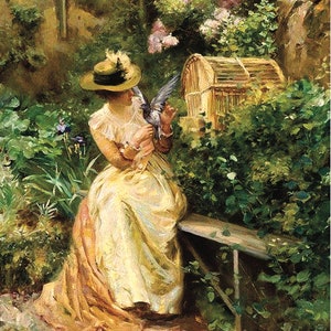 Dame au chapeau - Pigeon - Fleurs - Papier de découpage décoratif - Tissu de mûrier - Options de grande taille