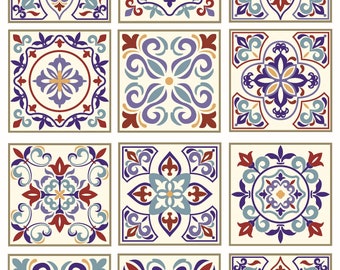 May include: Set of twelve square tiles with intricate floral patterns in shades of blue, red, and yellow on a cream background. The tiles have a vintage, traditional style.