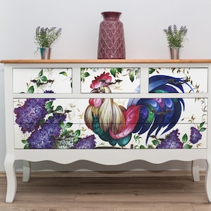 Large Decoupage Paper for Furniture - Decoupage Art - Rice Paper for Decoupage - Decoupage Transfers - Red, Green, Blue Rooster