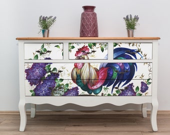 Duży papier do decoupage'u mebli - Sztuka decoupage'u - Papier ryżowy do decoupage'u - Czerwony, zielony, niebieski kogut