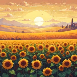 Girasoles - Papel de decoupage grande para muebles - 6 tamaños - Campo verde y amarillo - Papel de arroz - Atardecer