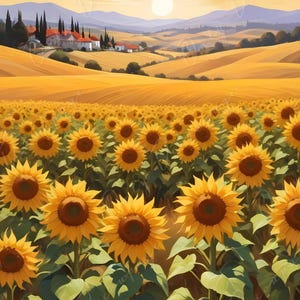 Girasoles - 6 tamaños - Papel de decoupage grande para muebles - Campo verde y amarillo - Papel de arroz - Pueblo - Atardecer