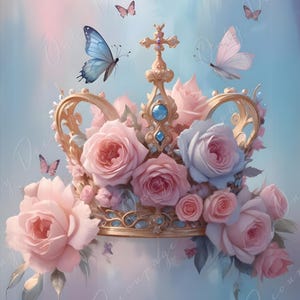 Papel de decoupage grande de cuento de hadas - 6 tamaños disponibles - Papel de arroz floral rosa - Corona - Mariposa azul