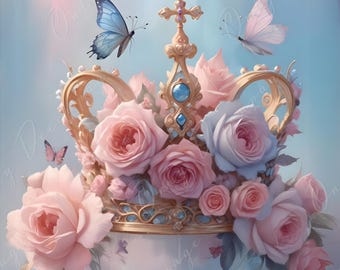 Fairytale - Large Decoupage Paper - 6 Size Options - Pink Floral Rice Paper- Crown - Blue Butterfly