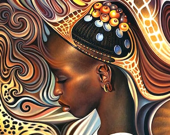 Puede incluir: Una pintura de una mujer de piel oscura, que lleva un tocado con detalles intrincados y un collar de cuentas. El fondo es un remolino de patrones abstractos coloridos.