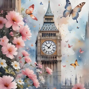 Big Ben de cuento de hadas - Papel de decoupage grande - 6 tamaños - Rosas rosas