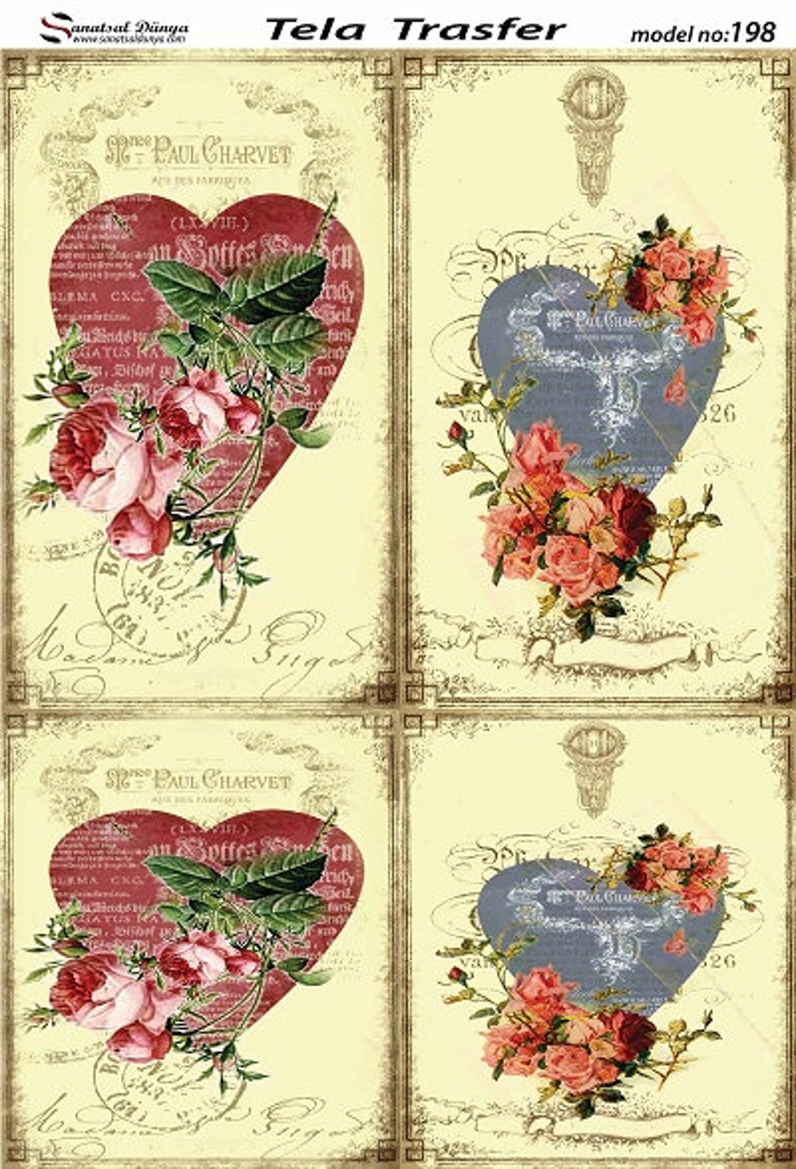Heart Roses Decorative Decoupage Paper 3 PCS Red Gray Etsy