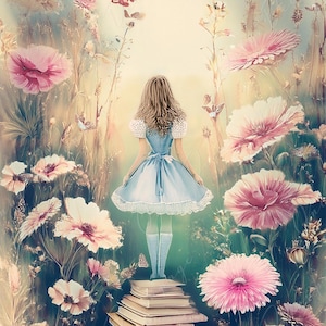 Alicia en el país de las maravillas - Papel de decoupage grande - 6 tamaños - Flores rosas - Libros