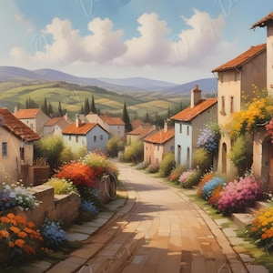 Papel para decoupage - Tamaño 6 - Calle de pueblo europeo con flores amarillas - Papel de arroz