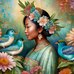 Papel de decoupage grande para muebles - Papel de arroz para decoupage - Mujer - Pájaros - Papel de decoupage floral - Selva