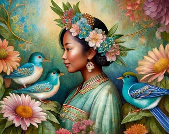 Large Decoupage Paper for Furniture - Rice Paper for Decoupage - Woman - Birds - Floral Decoupage Paper - Jungle