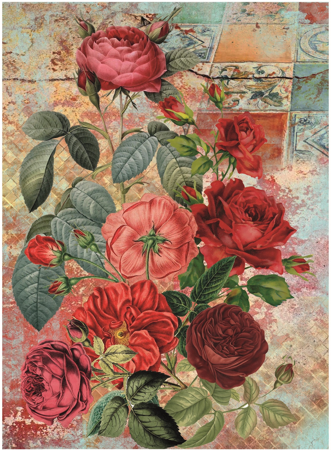 Papier Adhésif Décoratif Vintage Con-Tact Paper, Motif Rose Anglaise, 46x46 Cm, Neuf